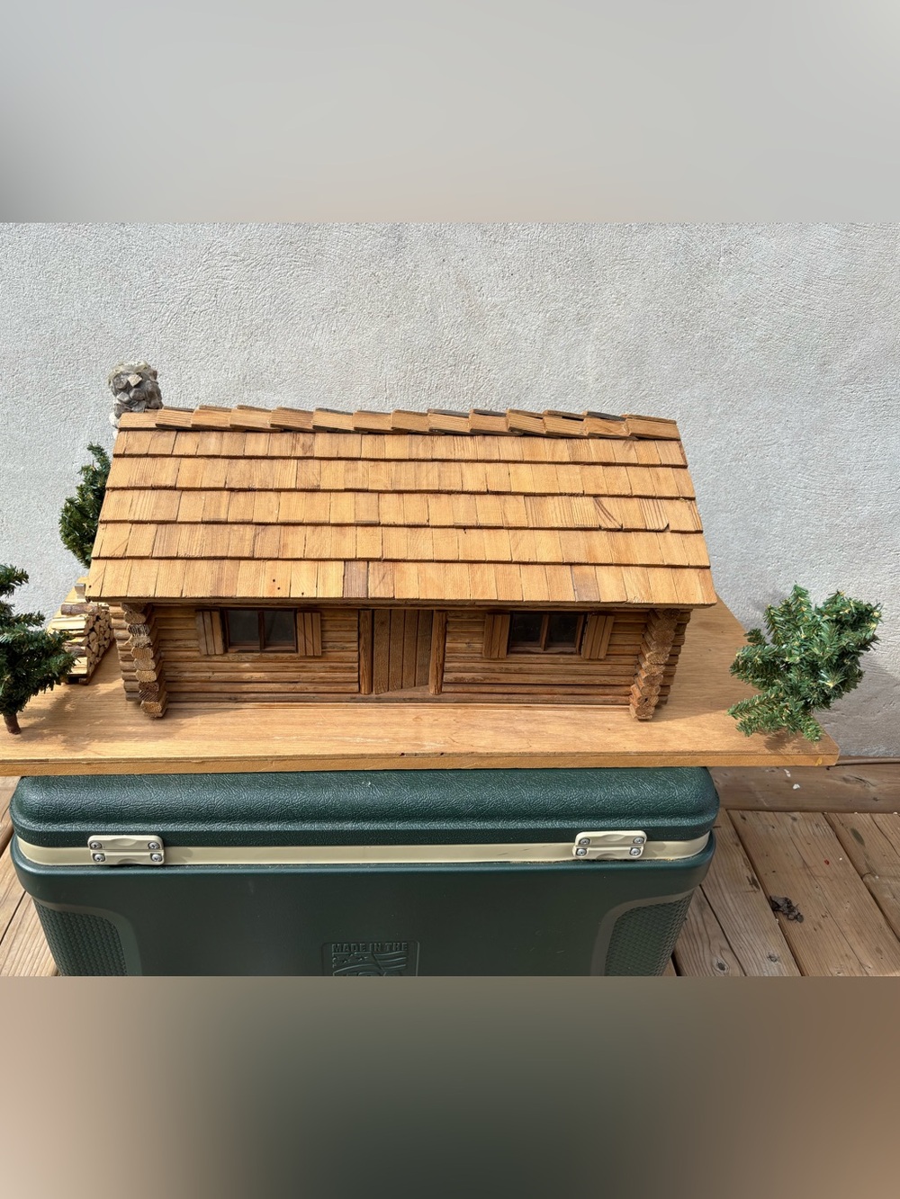 Handcrafted Wooden Log Cabin Model with Trees / Contents